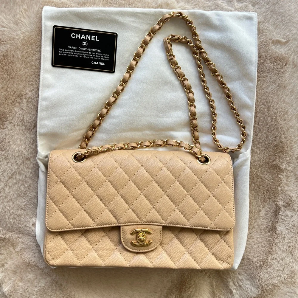 CHANEL Caviar Quilted Medium Double Flap Beige with golden hardware